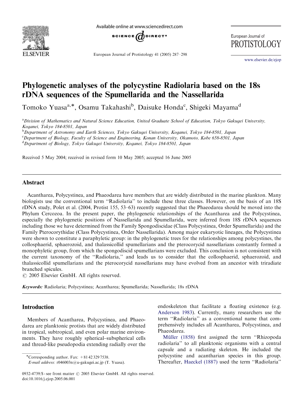 PROTISTOLOGY European Journal of Protistology 41 (2005) 287–298