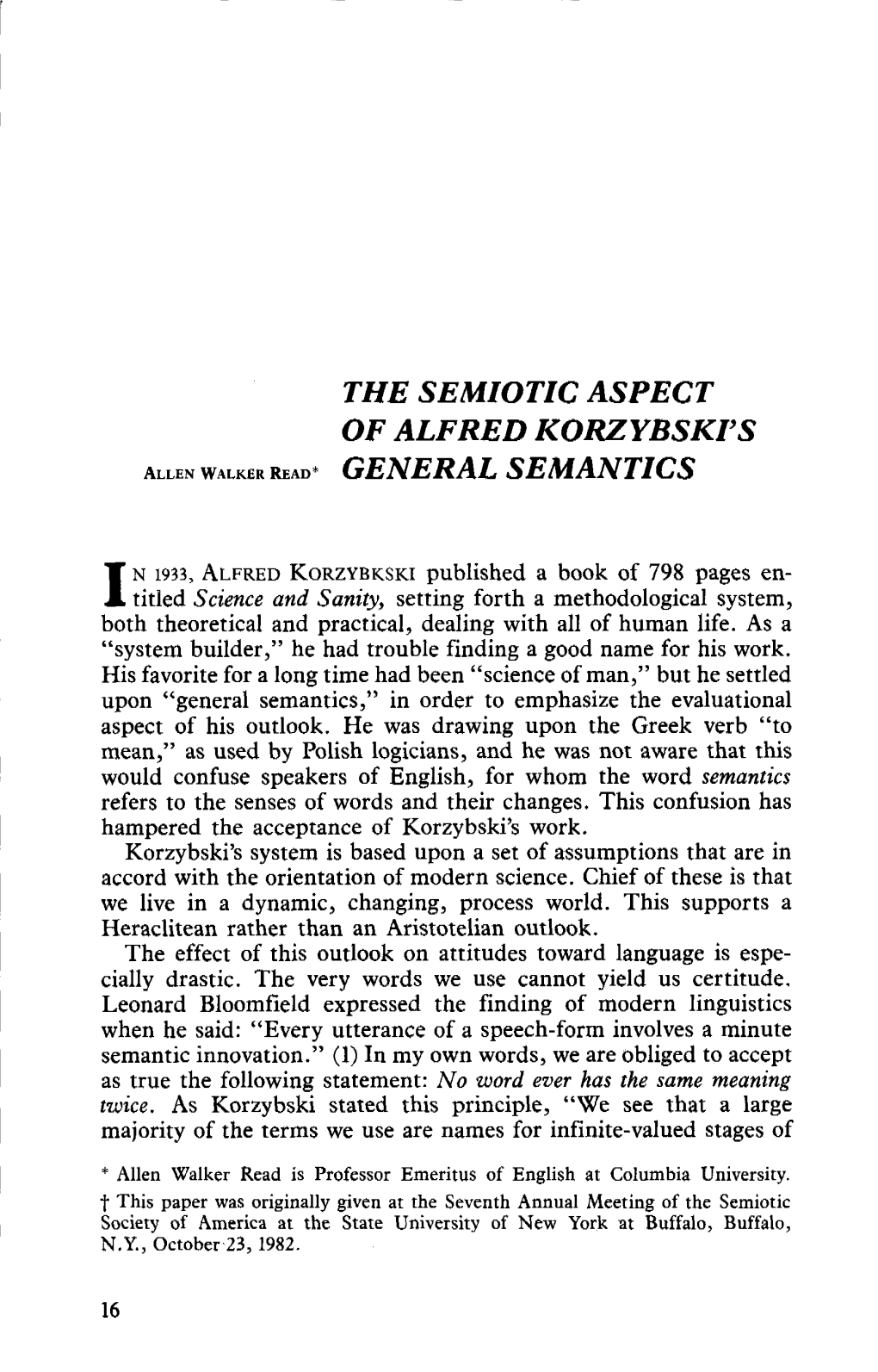 The Semiotic Aspect of Alfred Korzybski's Allen Walker Read * General Semantics