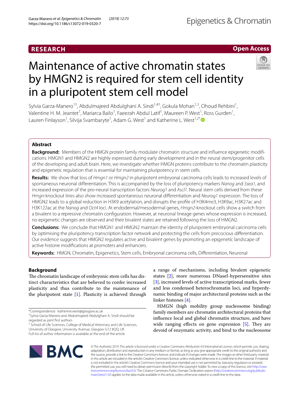 Maintenance of Active Chromatin States by HMGN2 Is Required for Stem Cell Identity in a Pluripotent Stem Cell Model Sylvia Garza‑Manero1†, Abdulmajeed Abdulghani A