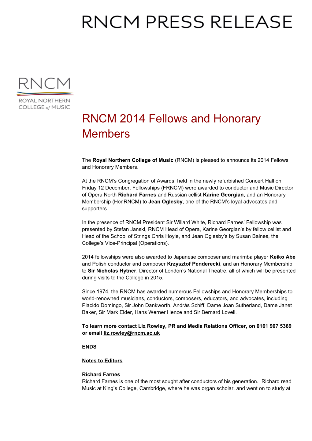 RNCM 2014 Fellows and Honorary Members