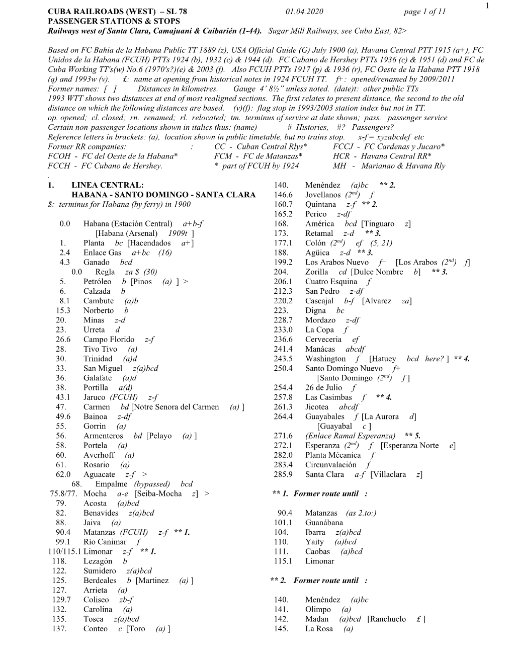 1 CUBA RAILROADS (WEST) – SL 78 01.04.2020 Page 1 of 11 PASSENGER STATIONS & STOPS Railways West of Santa Clara, Camajuani & Caibarién (1-44)