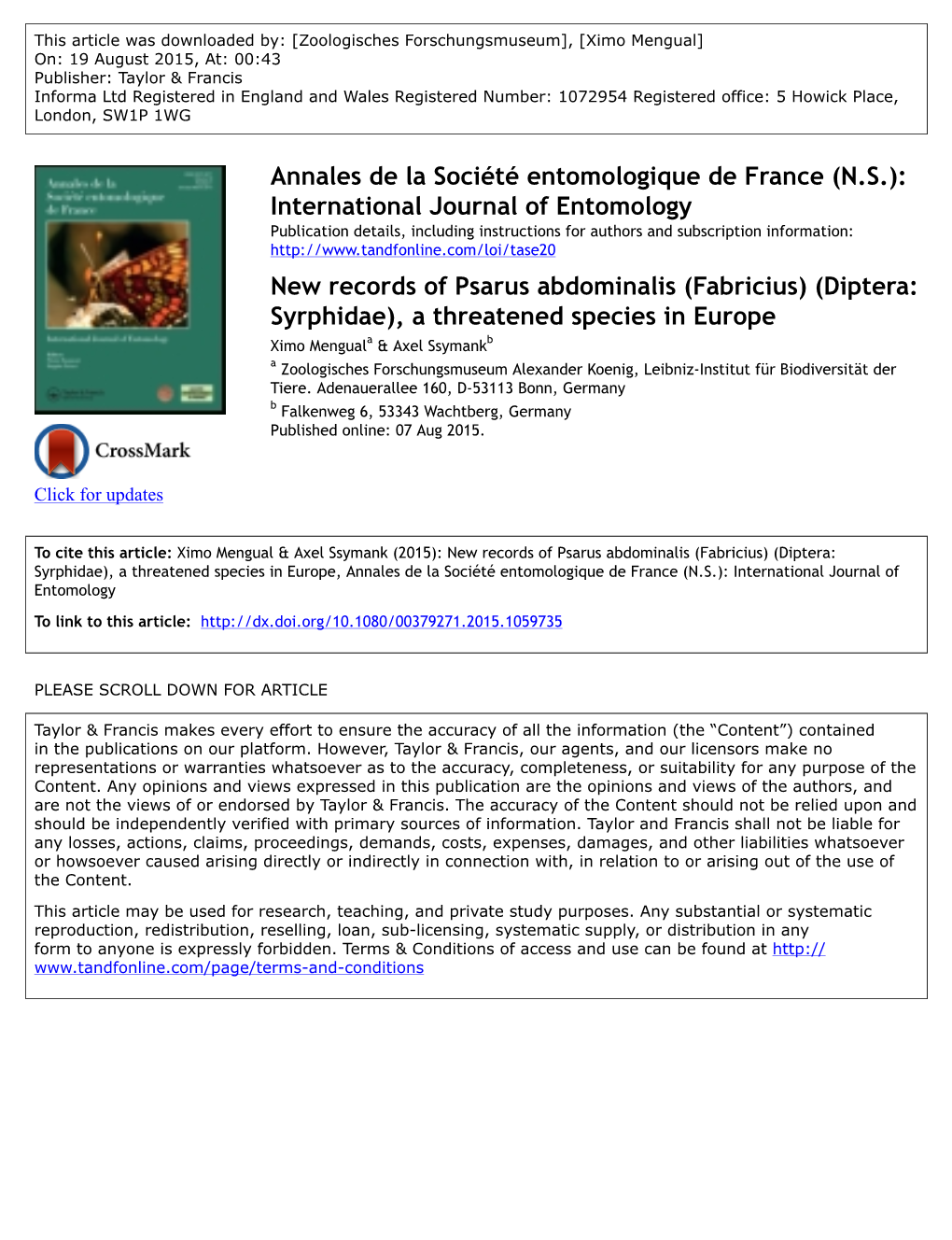 New Records of Psarus Abdominalis (Fabricius) (Diptera: Syrphidae), a Threatened Species in Europe
