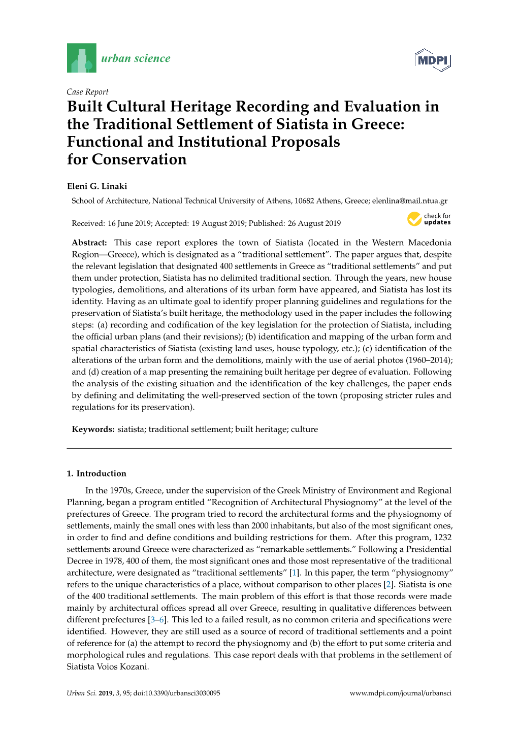 Built Cultural Heritage Recording and Evaluation in the Traditional Settlement of Siatista in Greece: Functional and Institutional Proposals for Conservation