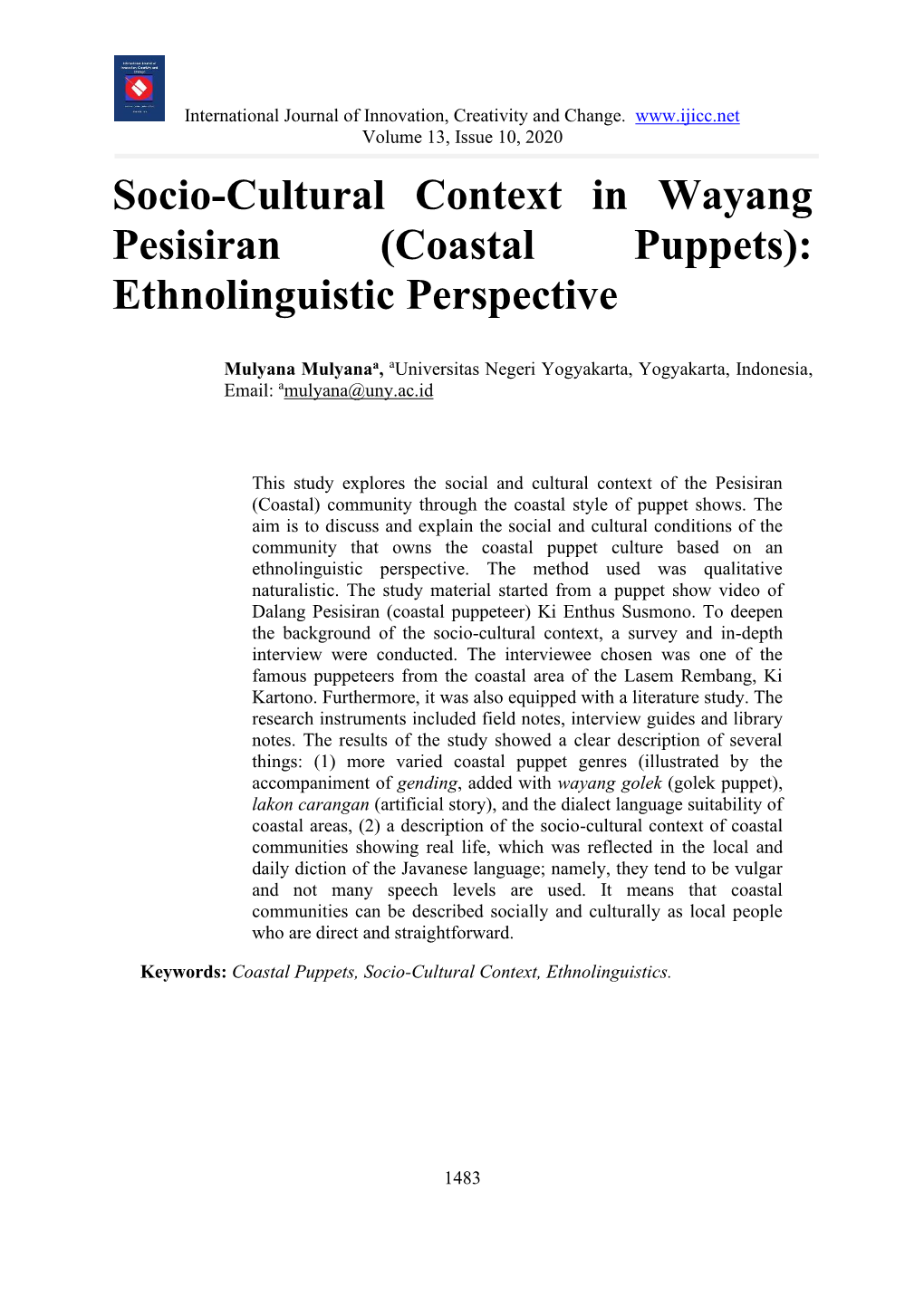 Socio-Cultural Context in Wayang Pesisiran (Coastal Puppets): Ethnolinguistic Perspective