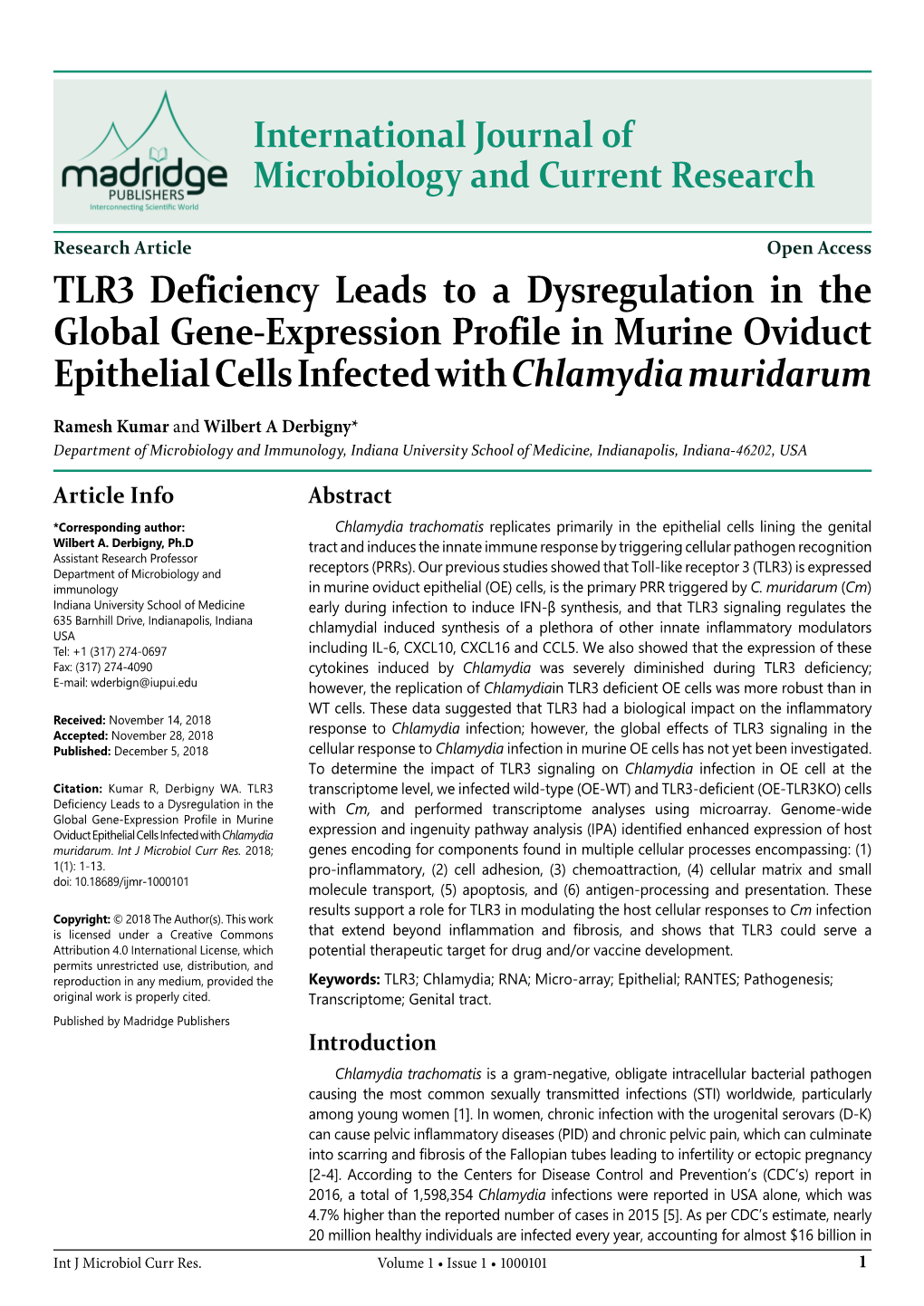 TLR3 Deficiency Leads to a Dysregulation in the Global Gene-Expression Profile in Murine Oviduct Epithelial Cells Infected with Chlamydia Muridarum