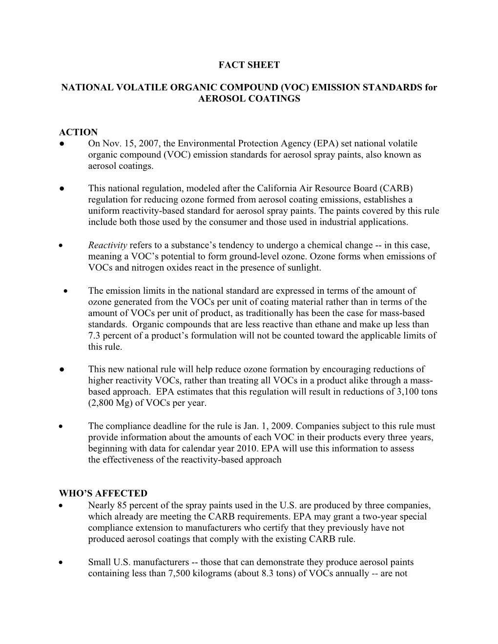 (VOC) EMISSION STANDARDS for AEROSOL COATINGS