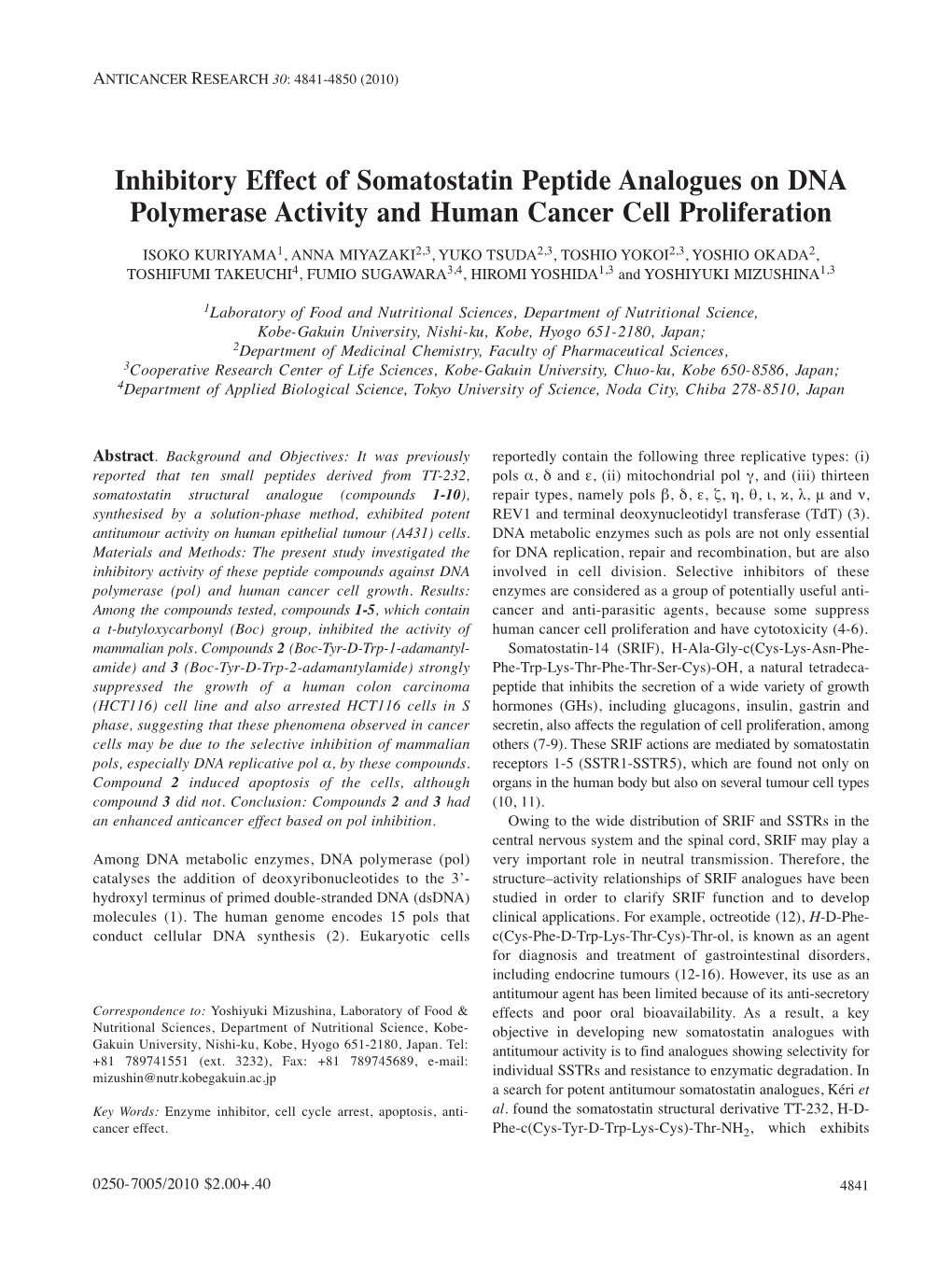 Inhibitory Effect of Somatostatin Peptide Analogues on DNA Polymerase Activity and Human Cancer Cell Proliferation