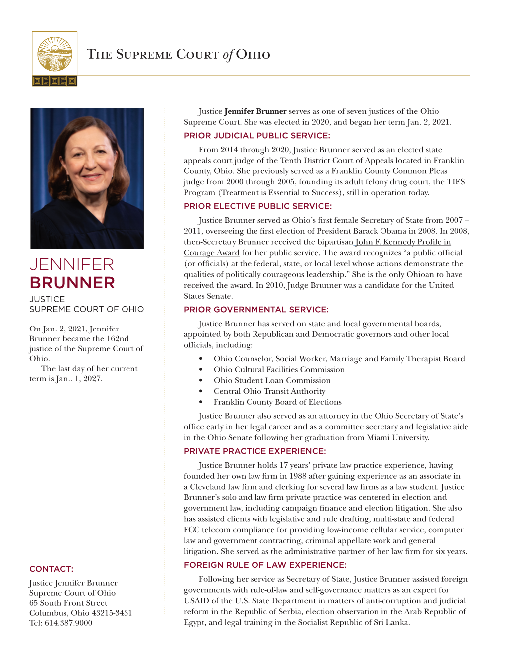Ohio Supreme Court Justice Jennifer Brunner Printer-Friendly Biography