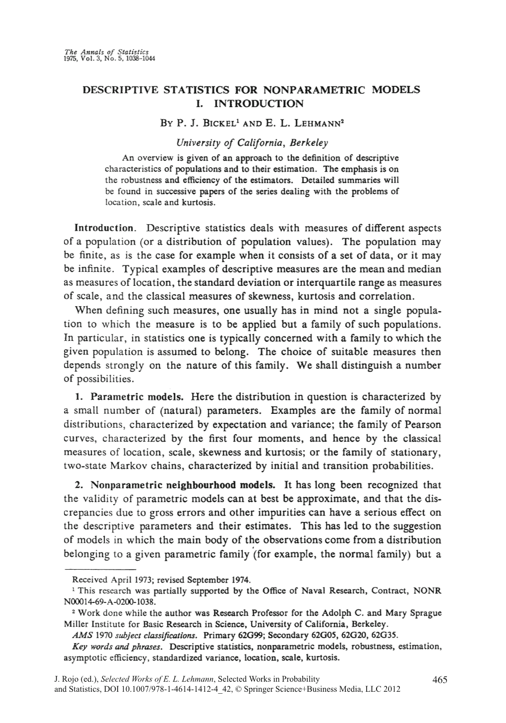 Descriptive Statistics for Nonparametric Models I. Introduction