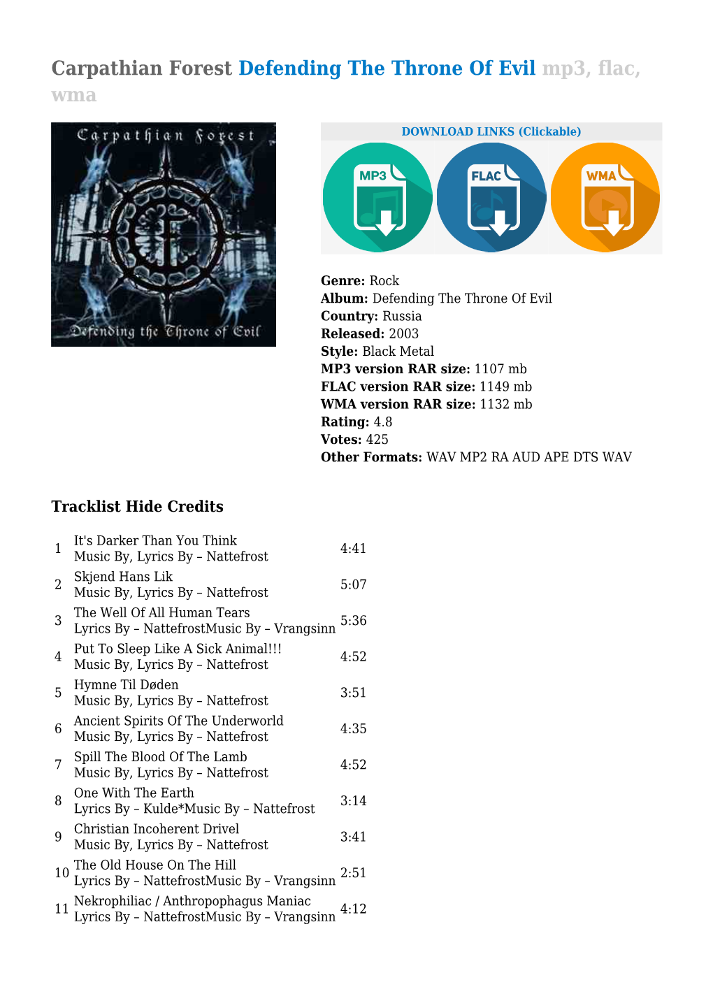 Carpathian Forest Defending the Throne of Evil Mp3, Flac, Wma