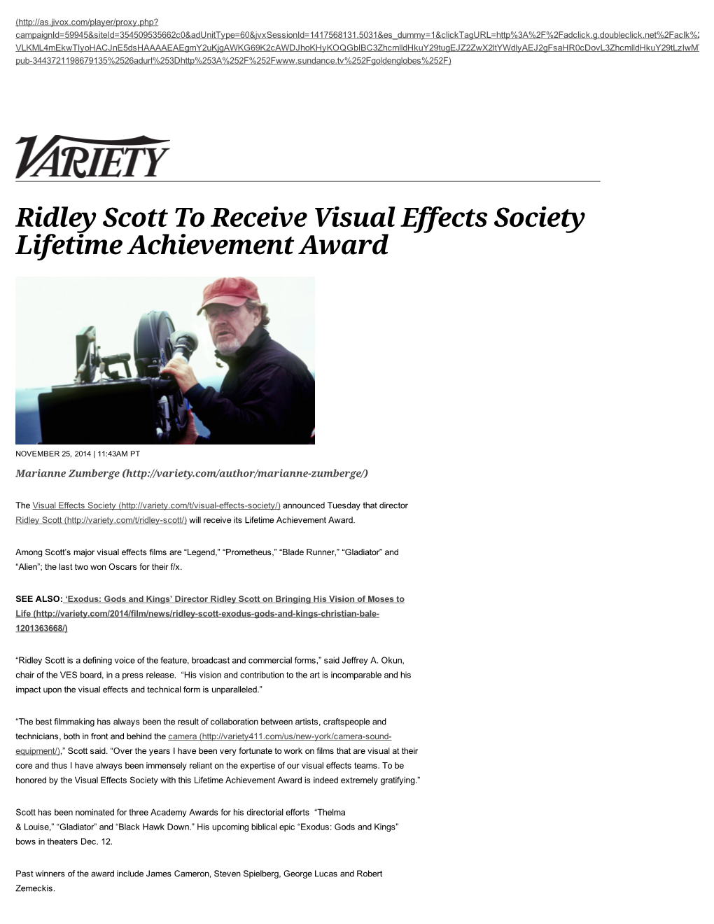 Ridley Scott to Receive Visual Effects Society Lifetime Achievement Award