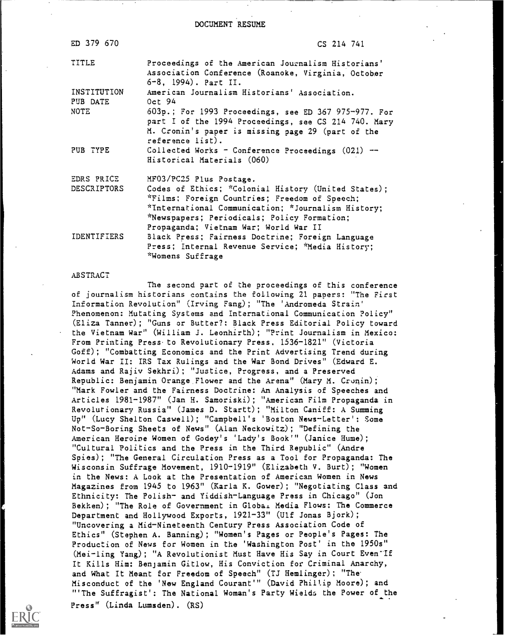 Proceedings of the American Journalism Historians' Association Conference (Roanoke, Virginia, October 6-8, 1994)