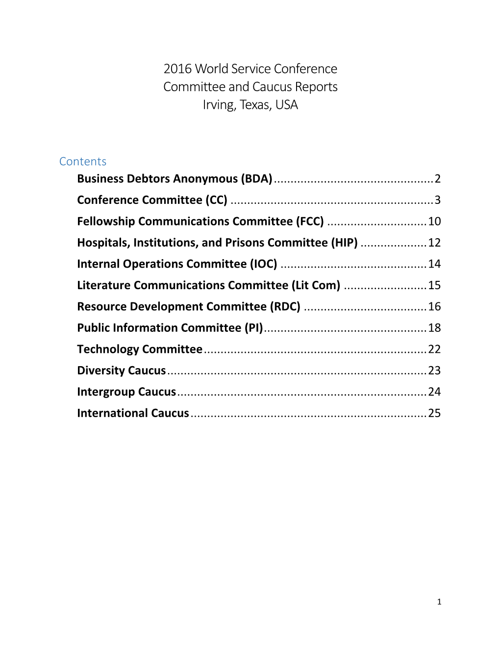 2016 World Service Conference Committee and Caucus Reports Irving, Texas, USA