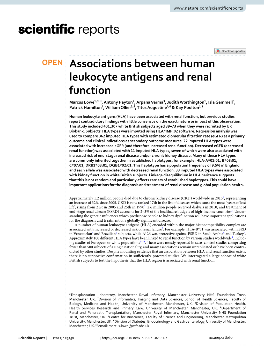 Associations Between Human Leukocyte Antigens and Renal Function