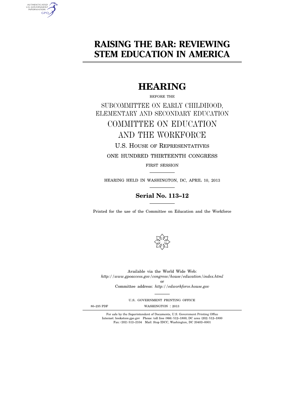 Reviewing STEM Education in America : Hearing