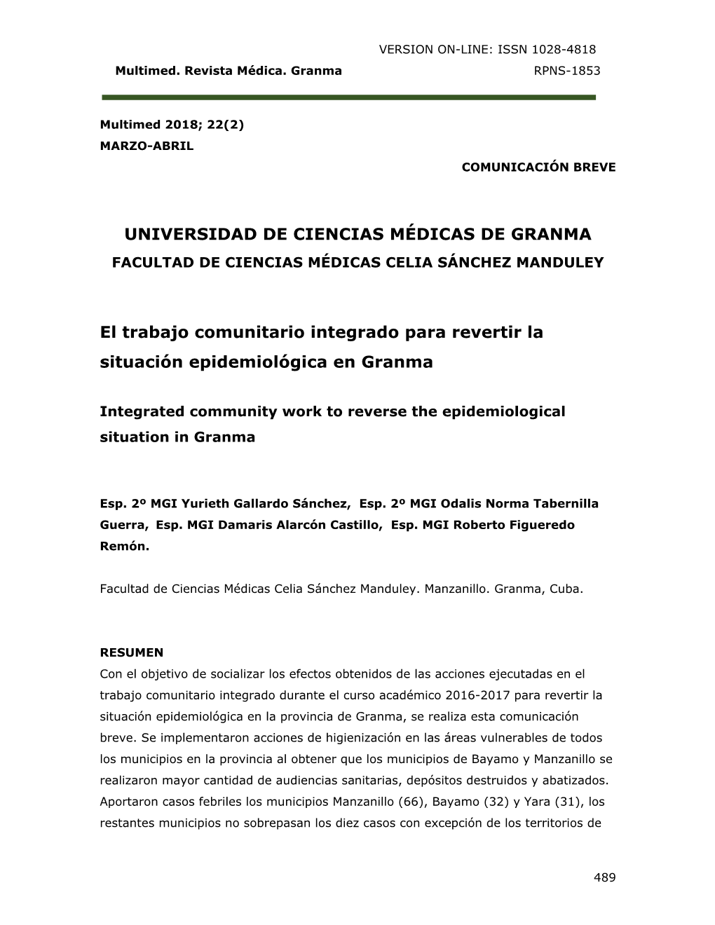 Universidad De Ciencias Médicas De Granma Facultad De Ciencias Médicas Celia Sánchez Manduley