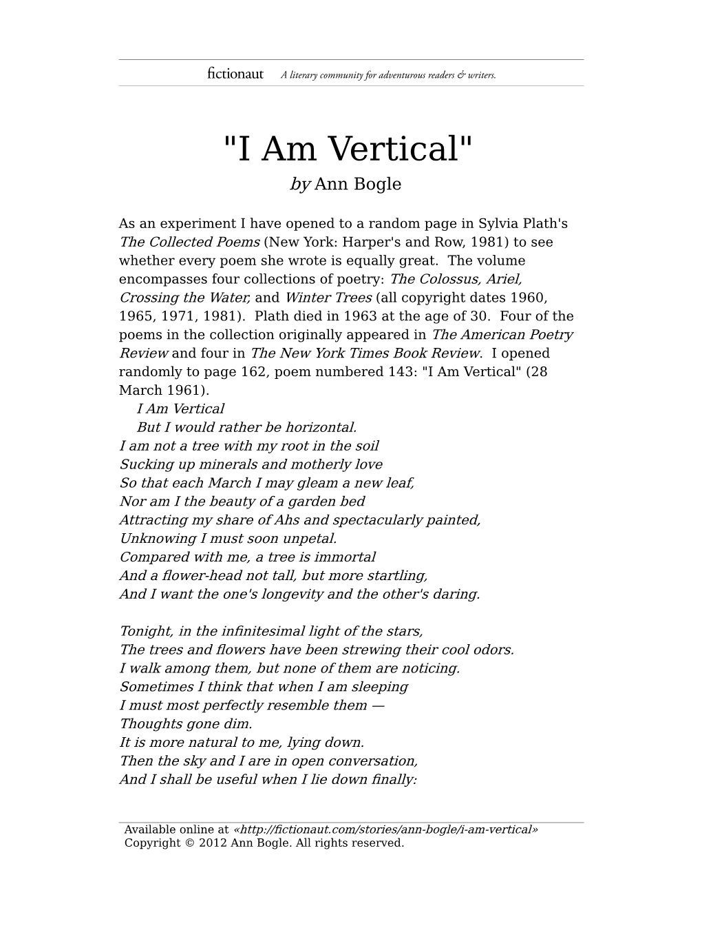 "I Am Vertical" by Ann Bogle