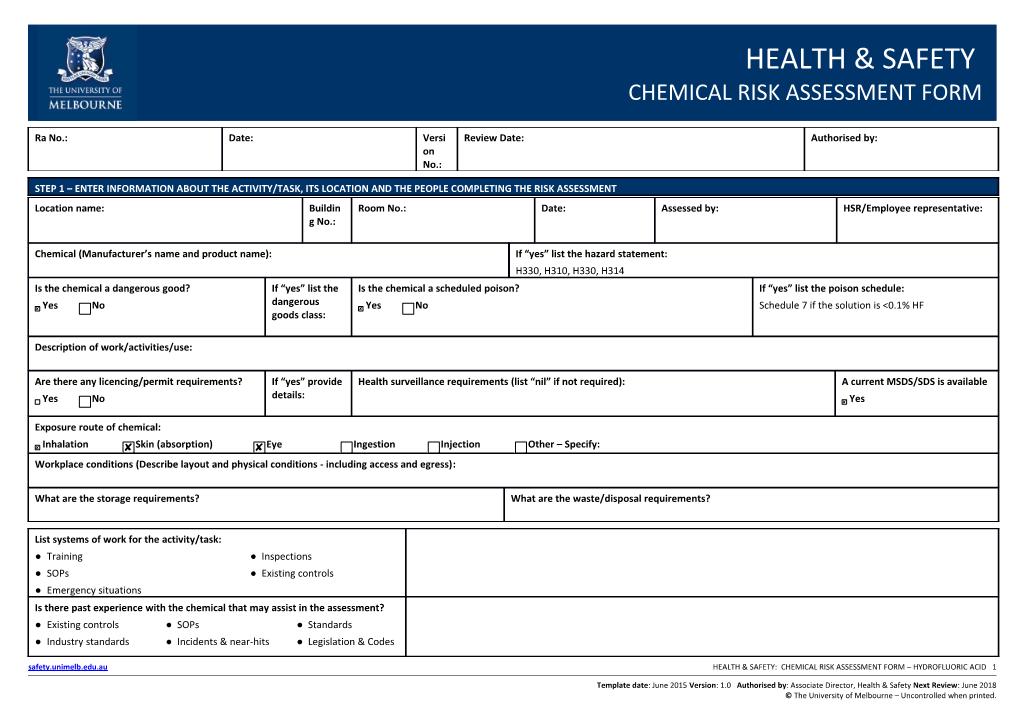 Hydrofluoric Acid Risk Assessment Form