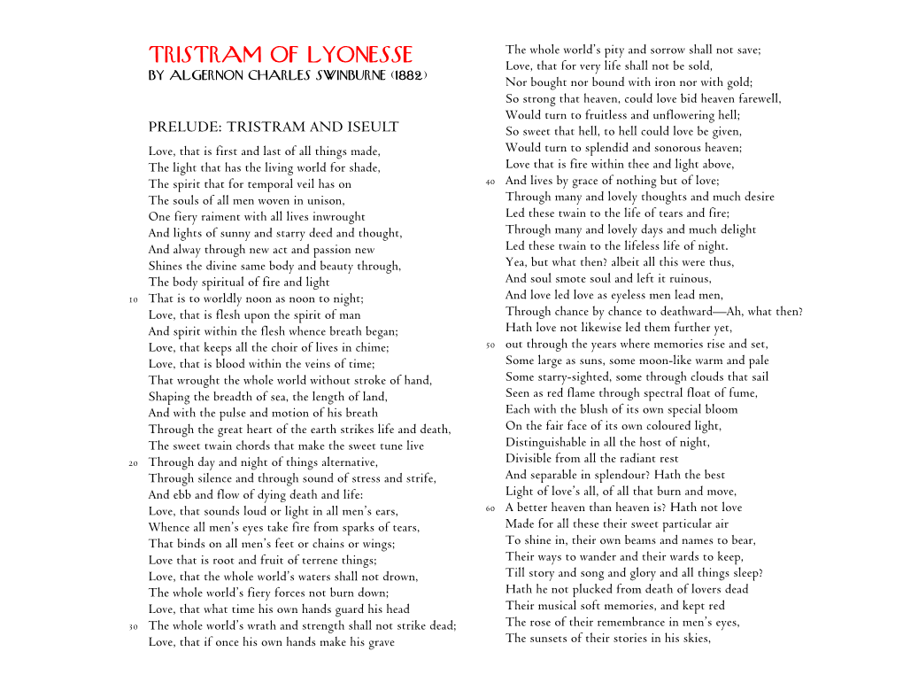 Swinburne, Tristram of Lyonesse