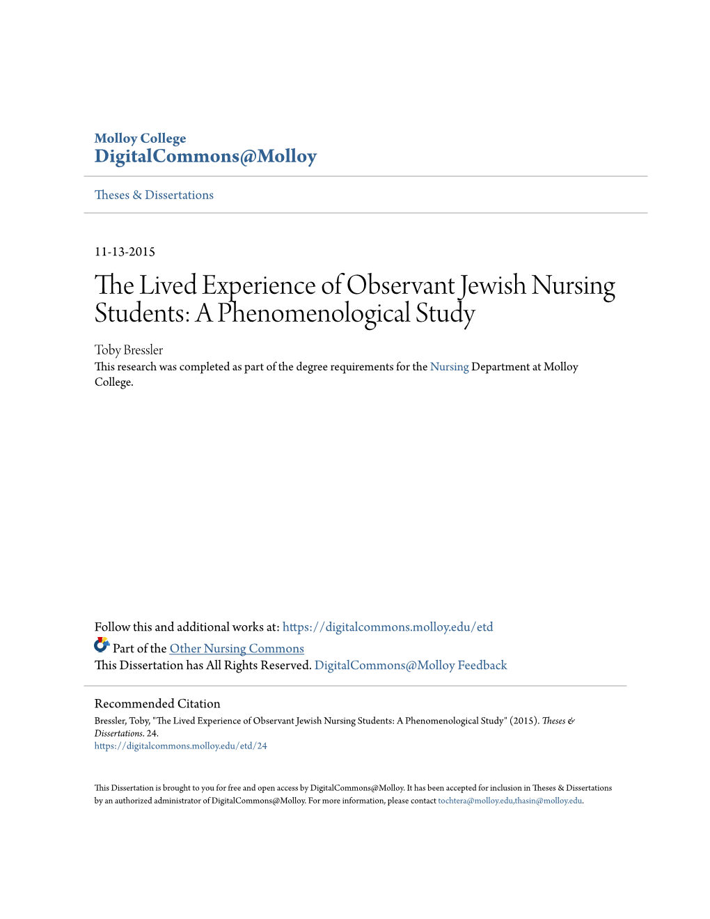 The Lived Experience of Observant Jewish Nursing Students