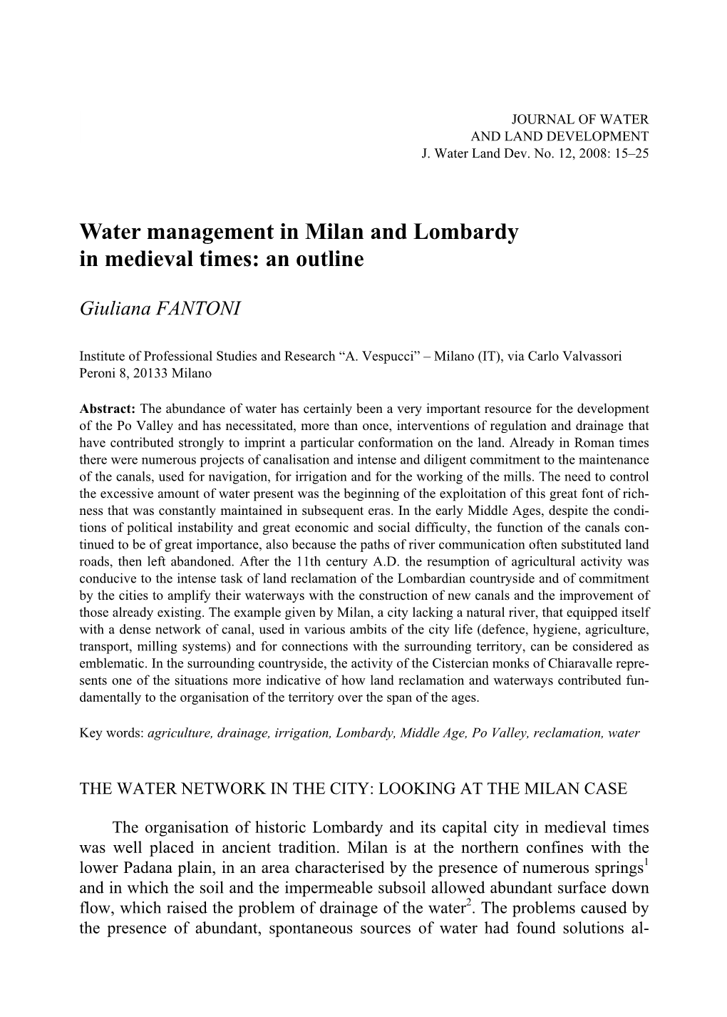 Water Management in Milan and Lombardy in Medieval Times: an Outline