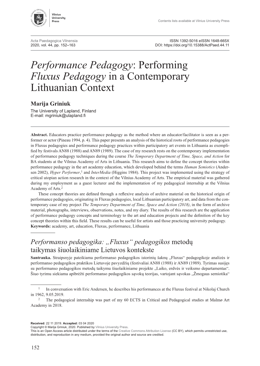 Performing Fluxus Pedagogy in a Contemporary Lithuanian Context