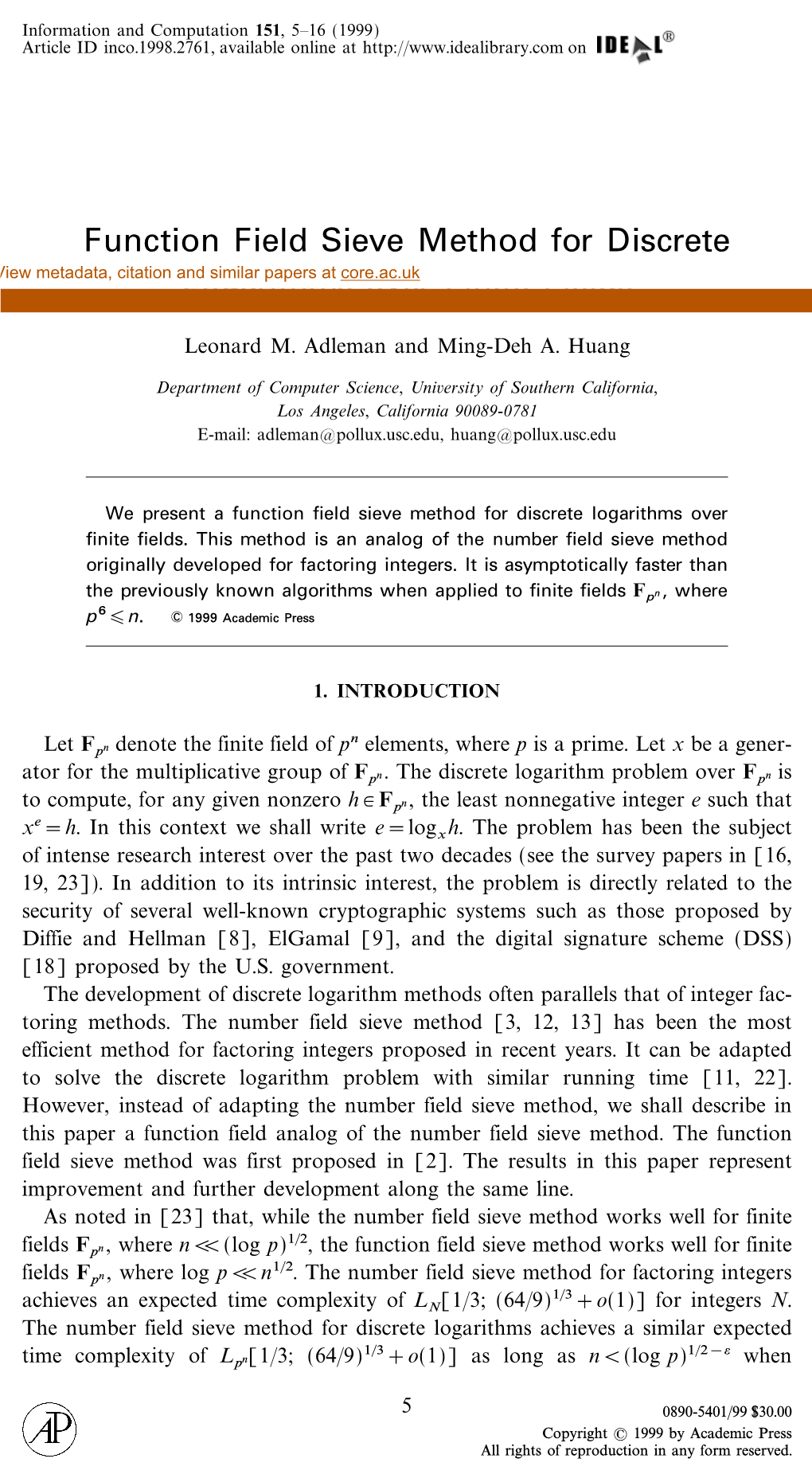 Function Field Sieve Method for Discrete Logarithms Over Finite Fields