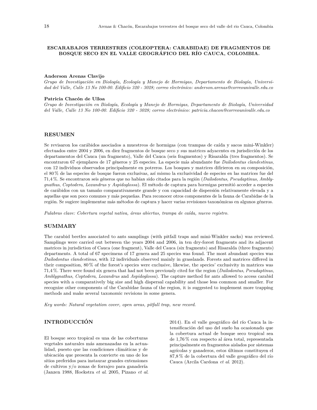 (Coleoptera: Carabidae) De Fragmentos De Bosque Seco En El Valle Geografico´ Del R´Io Cauca, Colombia