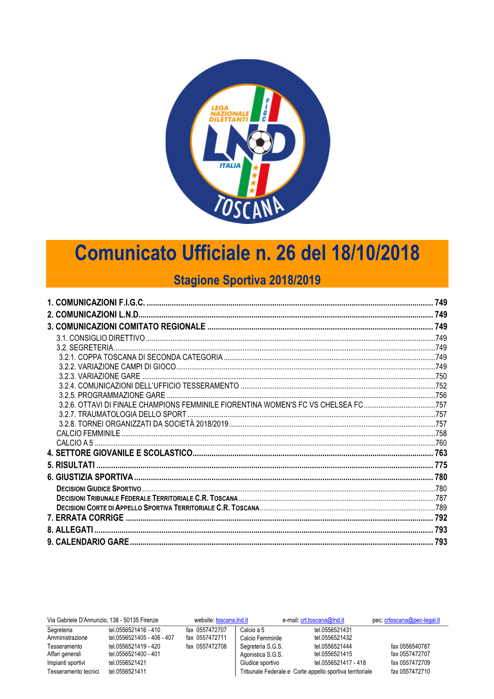 Comunicato Ufficiale N. 26 Del 18/10/2018