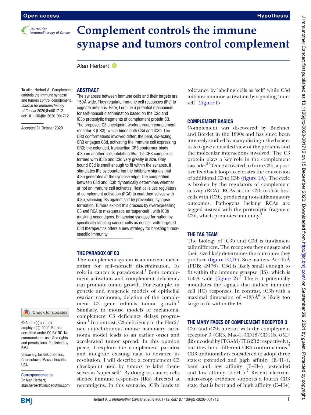 Complement Controls the Immune Synapse and Tumors Control Complement