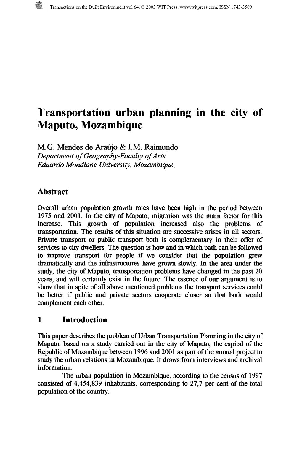 Transportation Urban Planning in the City of Maputo, Mozambique