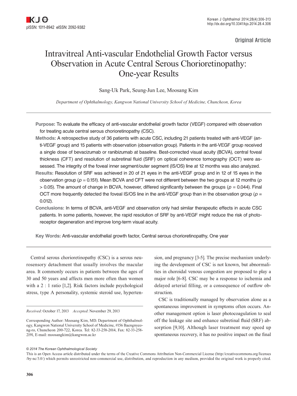 Intravitreal Anti-Vascular Endothelial Growth Factor Versus Observation in Acute Central Serous Chorioretinopathy: One-Year Results