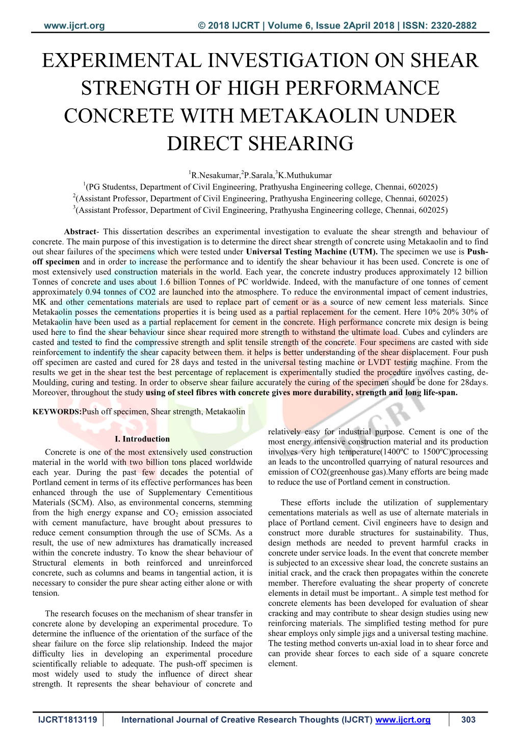 Experimental Investigation on Shear Strength of High Performance Concrete with Metakaolin Under Direct Shearing