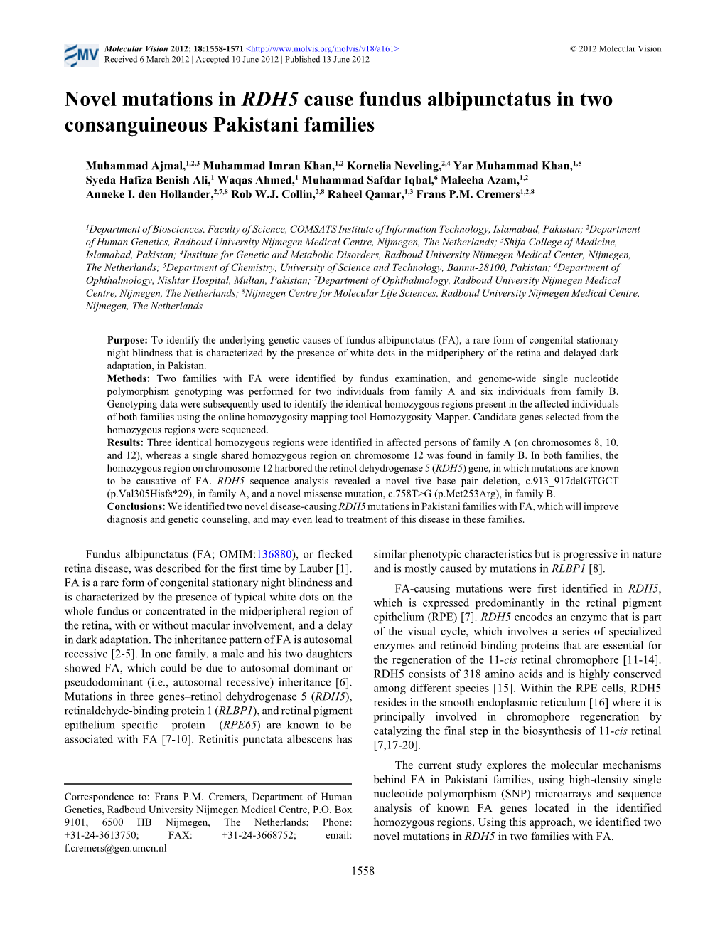 Novel Mutations in RDH5 Cause Fundus Albipunctatus in Two Consanguineous Pakistani Families
