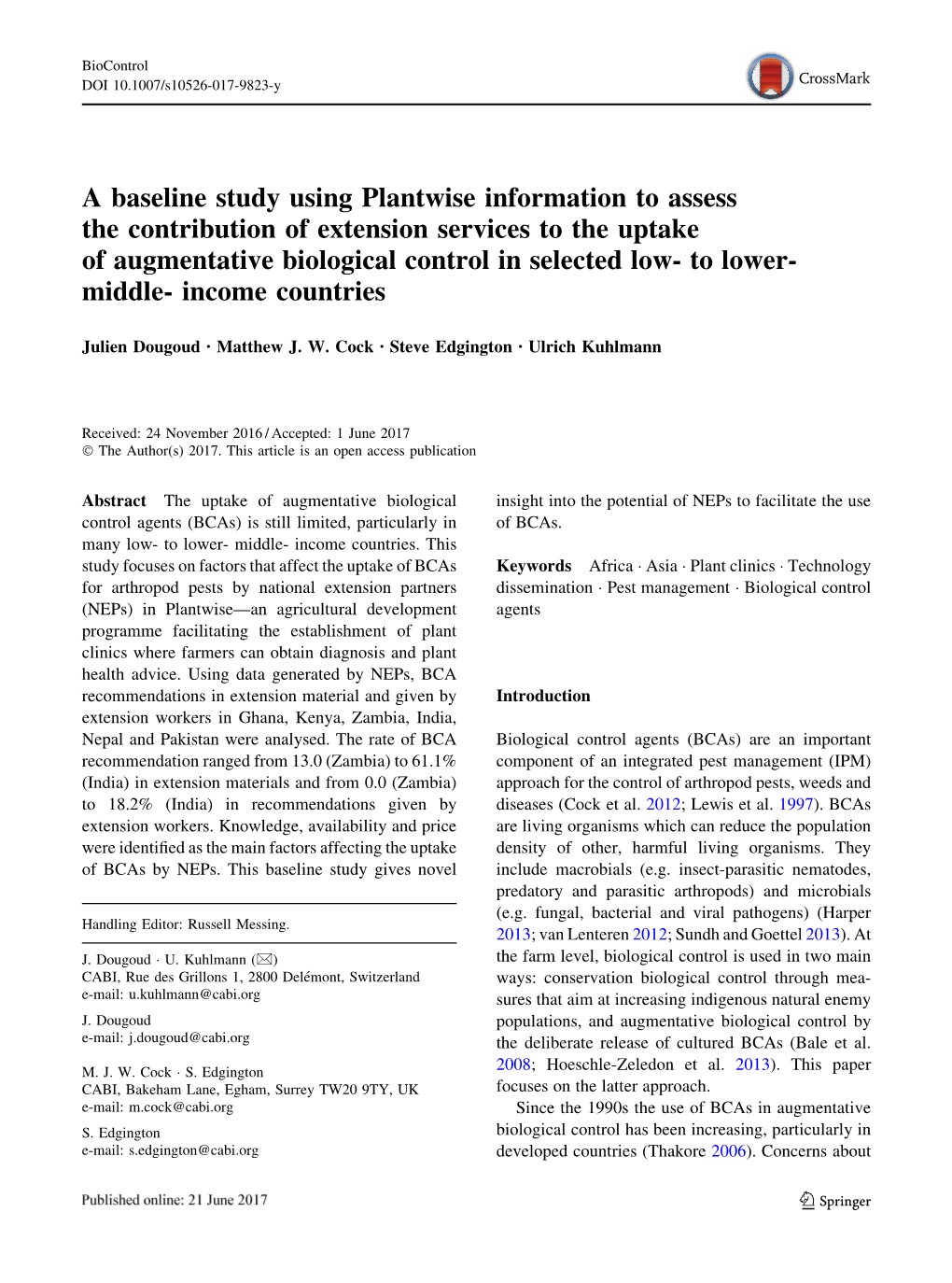 A Baseline Study Using Plantwise Information to Assess the Contribution of Extension Services to the Uptake of Augmentative Biol