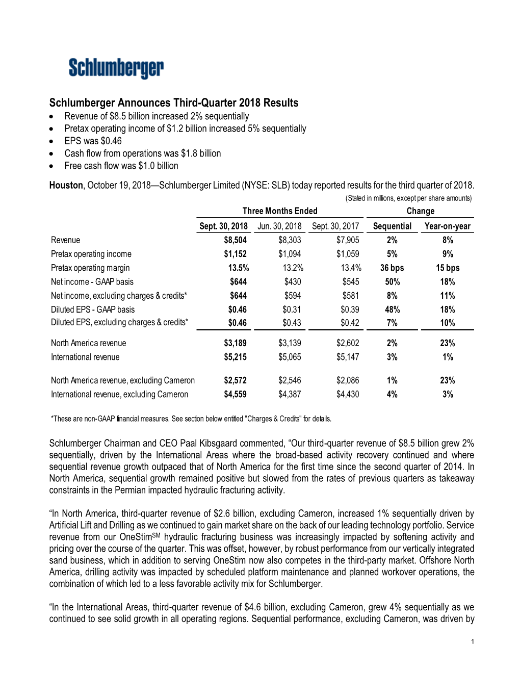 Schlumberger Announces Third-Quarter 2018 Results