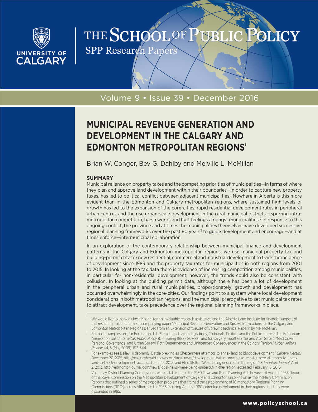 Municipal Revenue Generation and Development in the Calgary and Edmonton Metropolitan Regions†