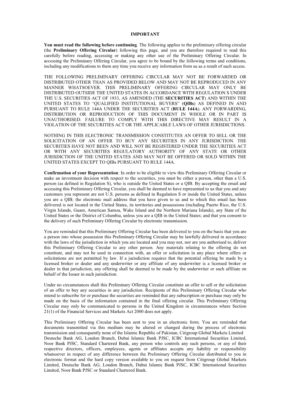 IMPORTANT You Must Read the Following Before Continuing. the Following Applies to the Preliminary Offering Circular (The Prelimi