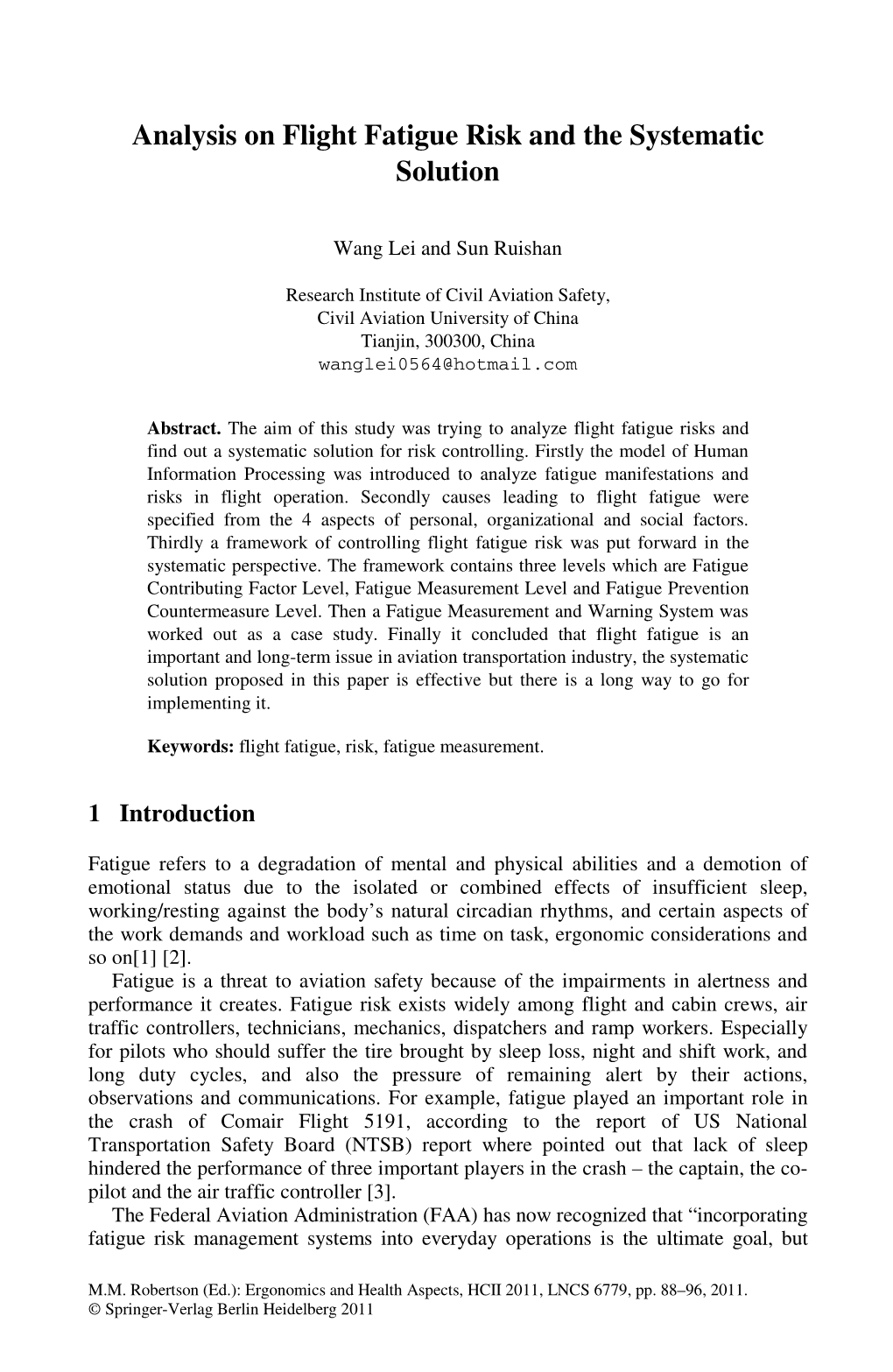 Analysis on Flight Fatigue Risk and the Systematic Solution