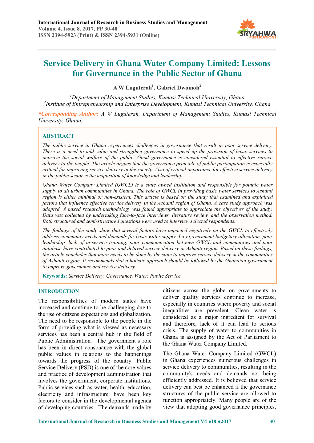 Service Delivery in Ghana Water Company Limited: Lessons for Governance in the Public Sector of Ghana