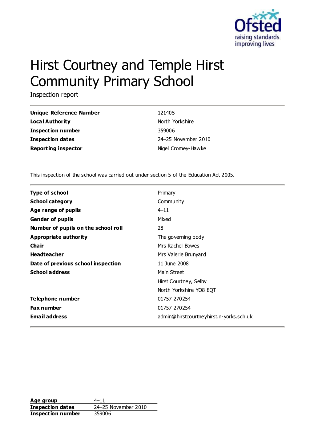 Hirst Courtney and Temple Hirst Community Primary School Inspection Report