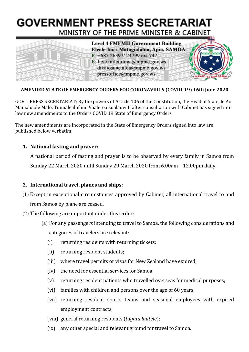 A National Period of Fasting and Prayer Is to Be Observed by Every Family in Samoa from Sunday 22 March 2020 Until Sunday 29 March 2020 from 6.00Am – 12.00Pm Daily