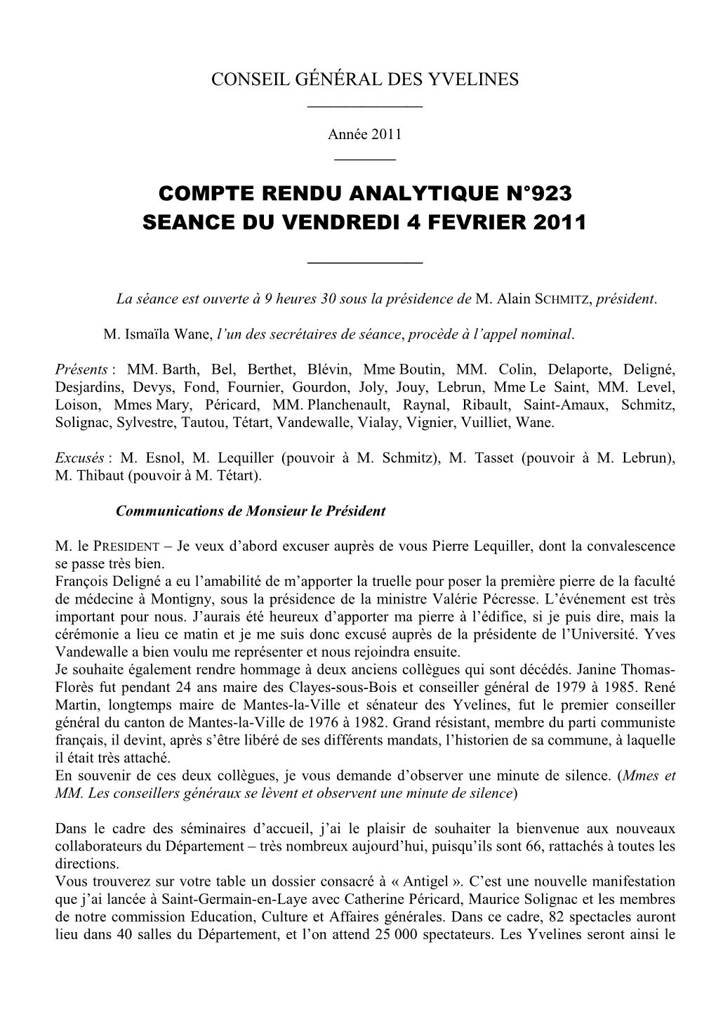 Compte Rendu Analytique N° 923 Du 4 Février 2011