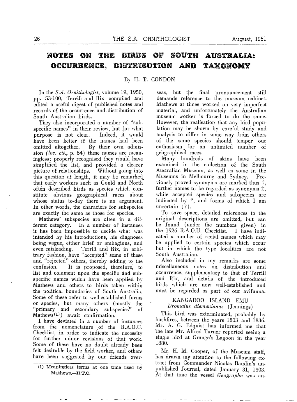 NOTES on the BIRDS of SOUTH .AUSTRALIA: OCCURRENCE, Distribution and TAXONOMY