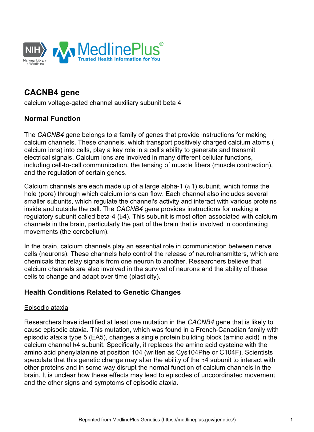 CACNB4 Gene Calcium Voltage-Gated Channel Auxiliary Subunit Beta 4