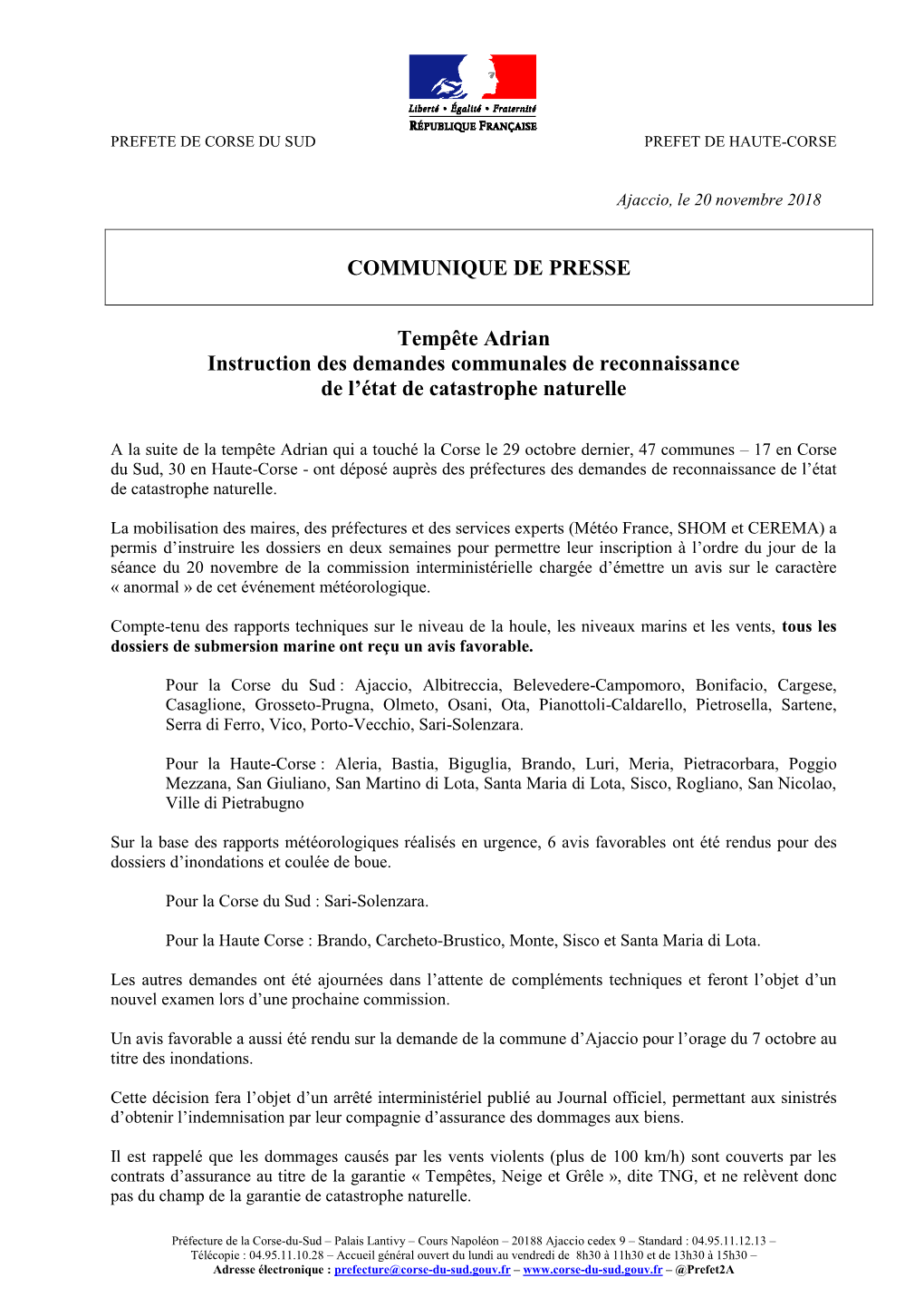 COMMUNIQUE DE PRESSE Tempête Adrian Instruction Des Demandes Communales De Reconnaissance De L'état De Catastrophe Naturell