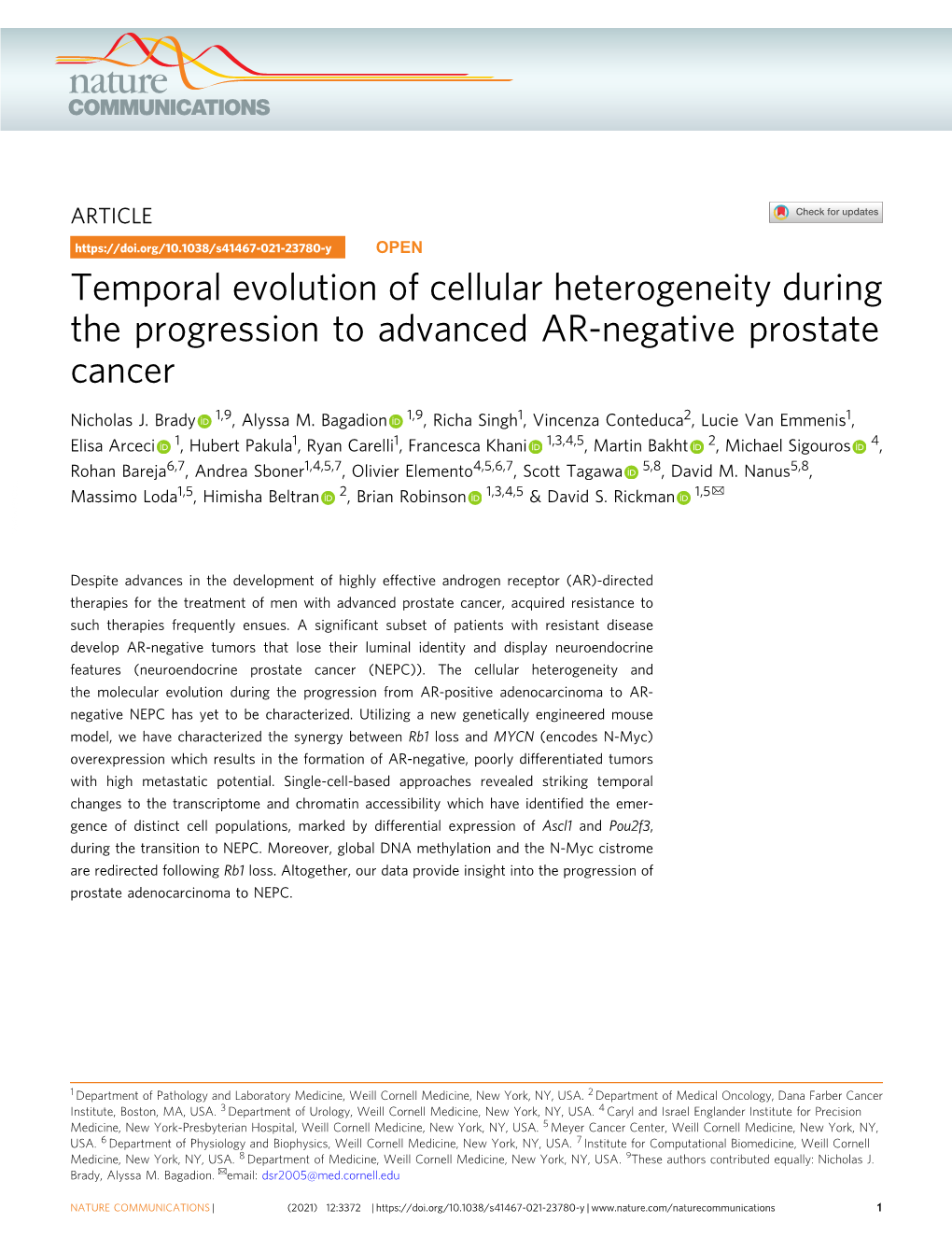 Temporal Evolution of Cellular Heterogeneity During the Progression to Advanced AR-Negative Prostate Cancer