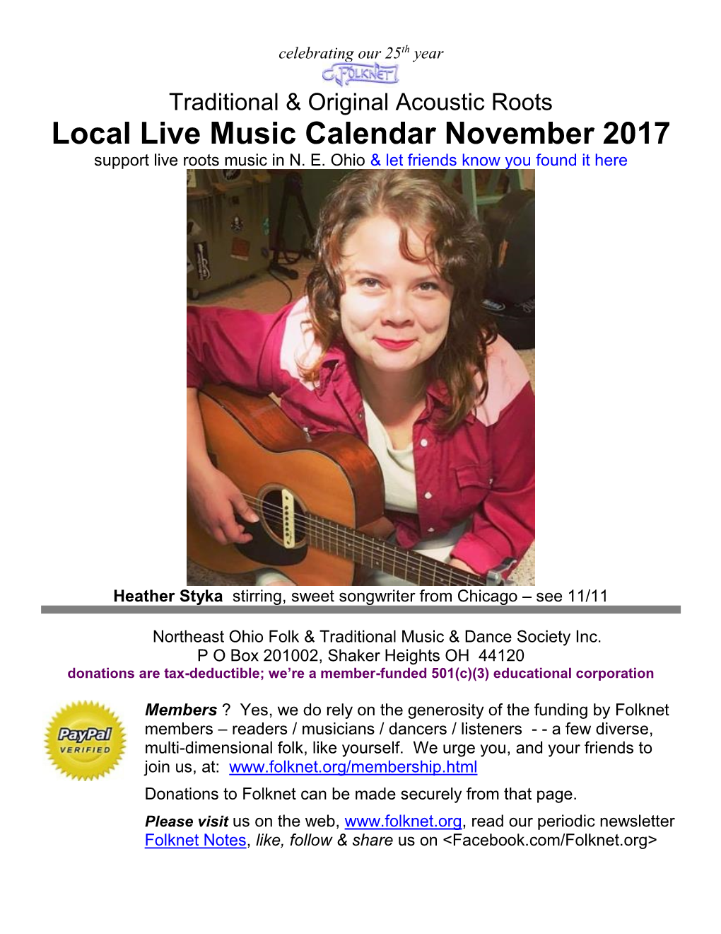 Local Live Music Calendar November 2017 Support Live Roots Music in N