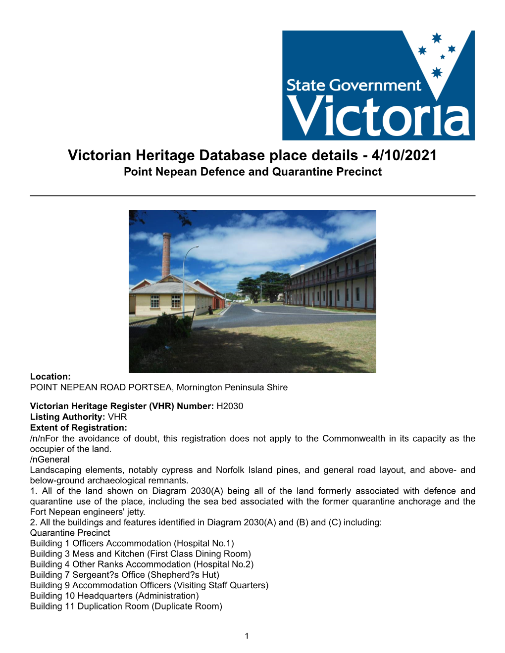 Victorian Heritage Database Place Details - 4/10/2021 Point Nepean Defence and Quarantine Precinct