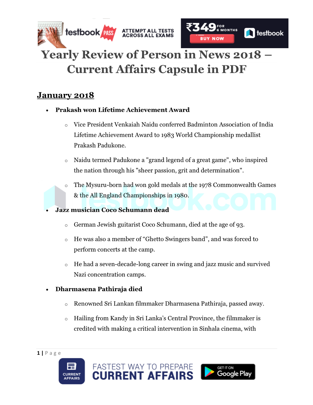 Yearly Review of Person in News 2018 – Current Affairs Capsule in PDF